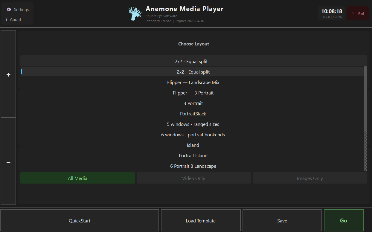 Anemone Player layout picker showing preset layouts