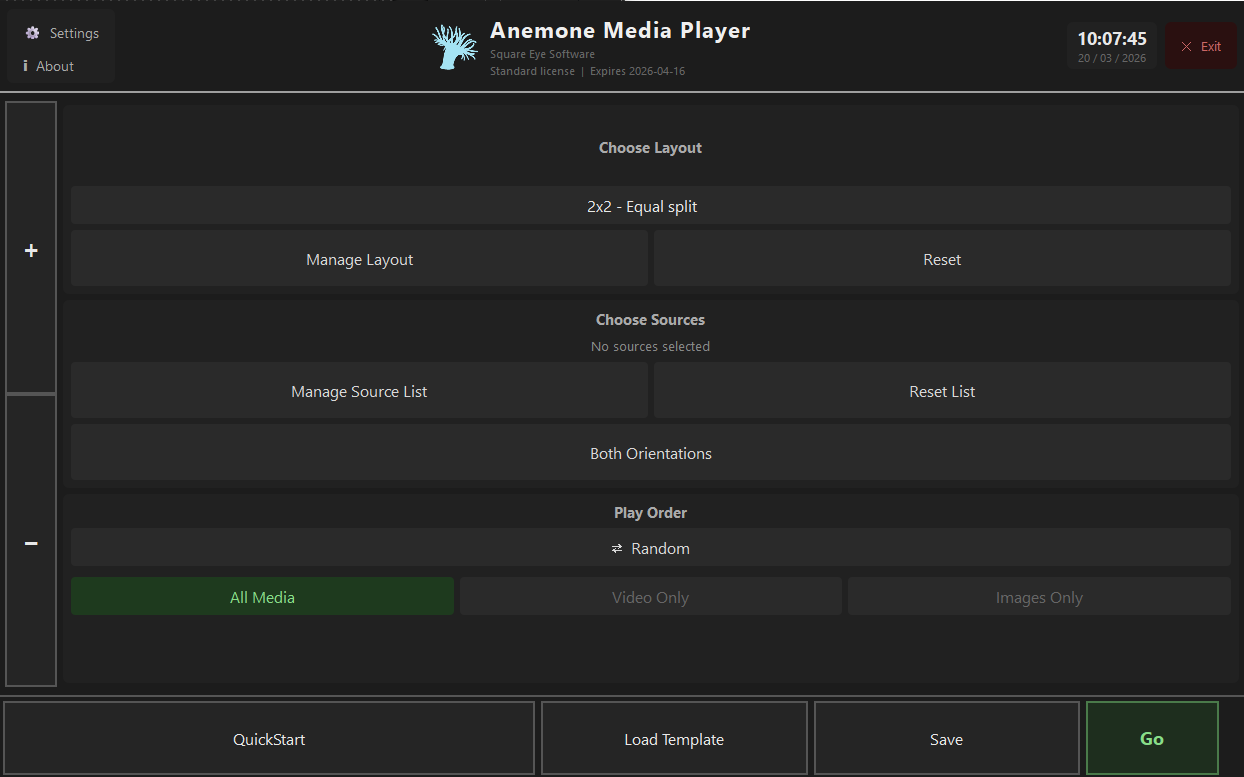 Anemone Player main control panel — choose layout, sources, and play order