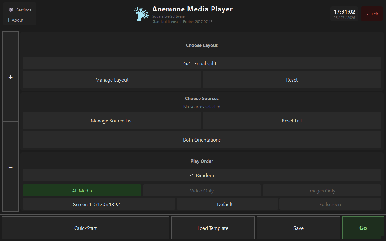 Panel de control de cartelería digital de Anemone Player con la disposición y las fuentes de reproducción